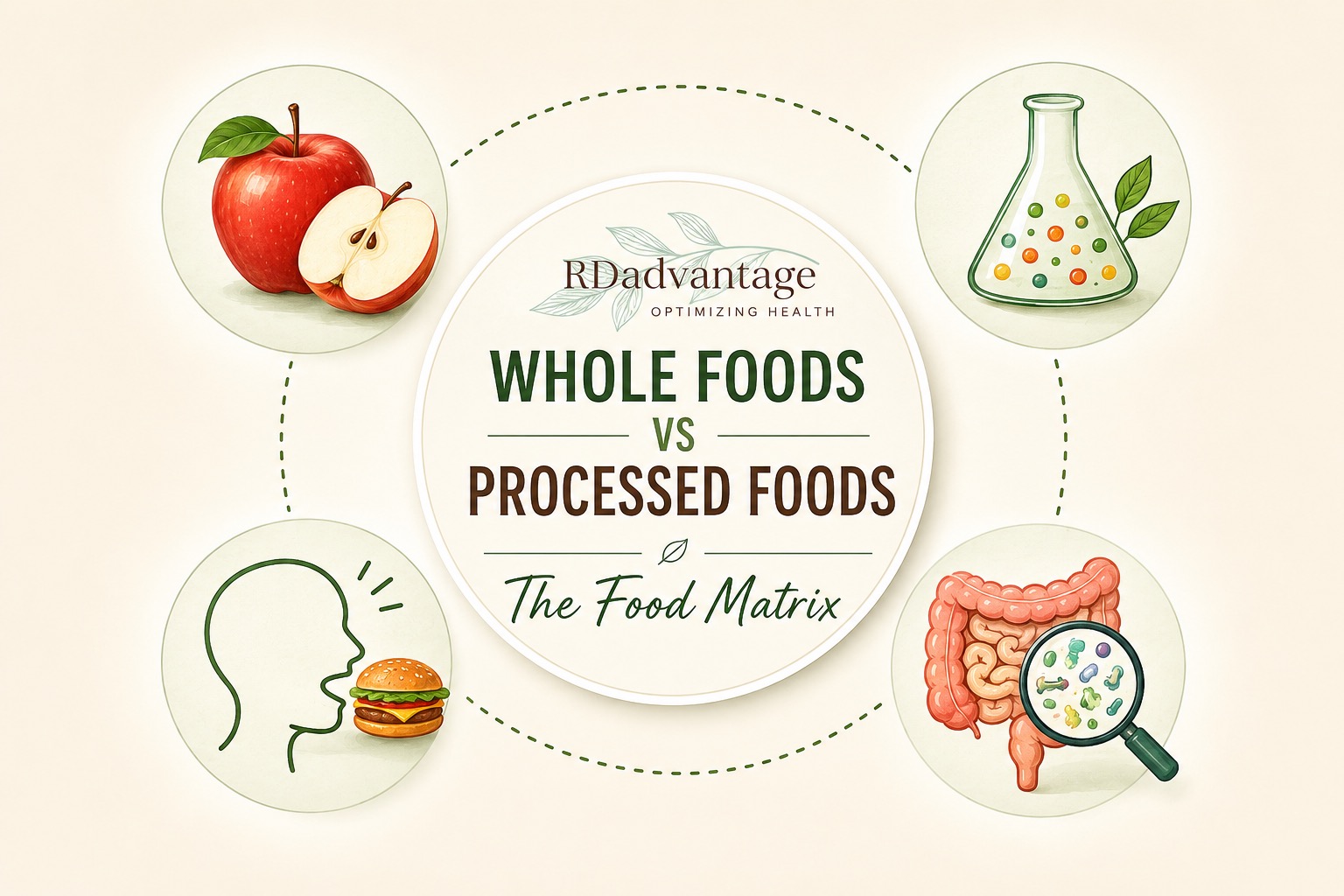 A whole apple beside a glass of apple juice — same fruit, different food structure